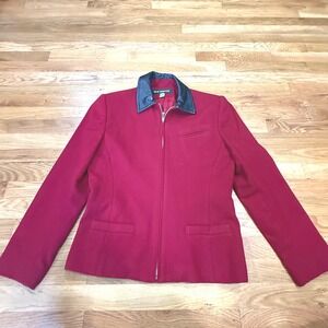 New Frontier Vintage Red 100% Wool Zip Jacket Black Leather Collar USA Made M